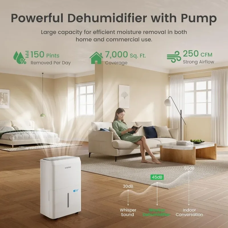 Waykar 150 Pint Energy Star-ontvochtiger met pomp voor grote kamers tot 7.000 m2. Ft. voor thuis, kelder, commercieel, industrieel