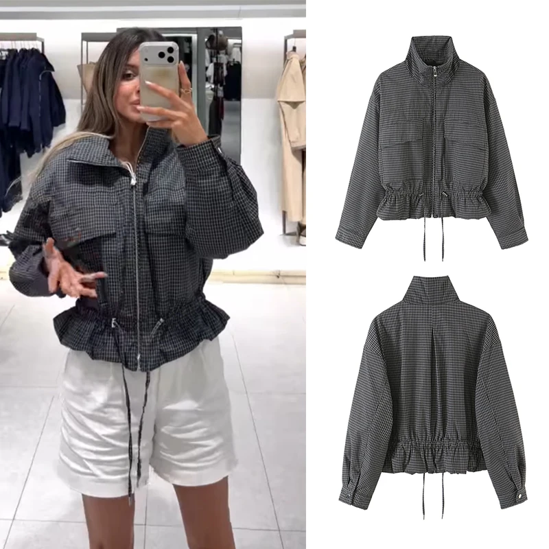 Women's Grid Plaid Zip Up Bomber Jacket Stand Collar Drawstring Adjustable Hem Female Fall Daily & Casual Dating Outer Garment