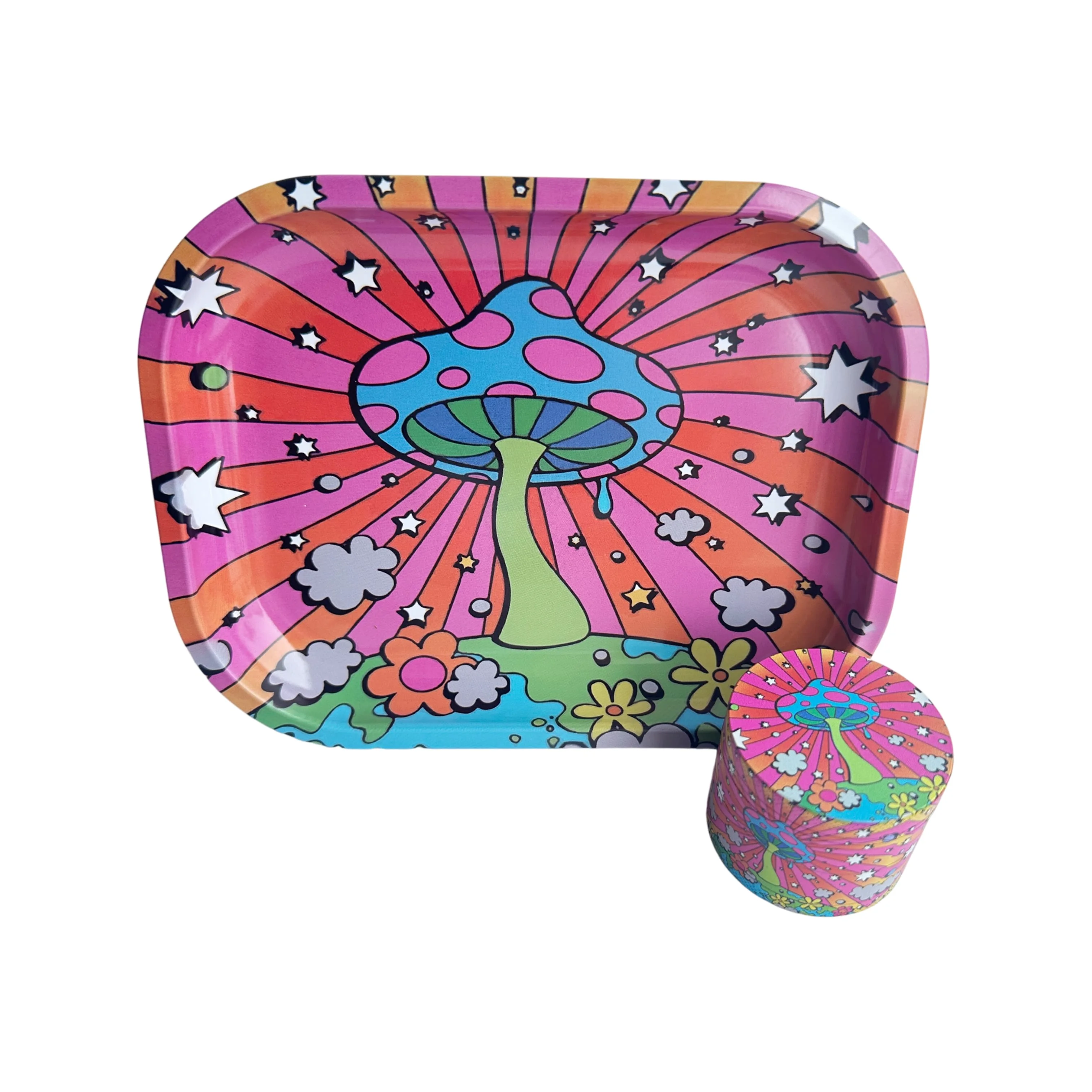 2 Pieces Bright Colors Mushroom Metal Herb Grinder and Rolling Tray Combo