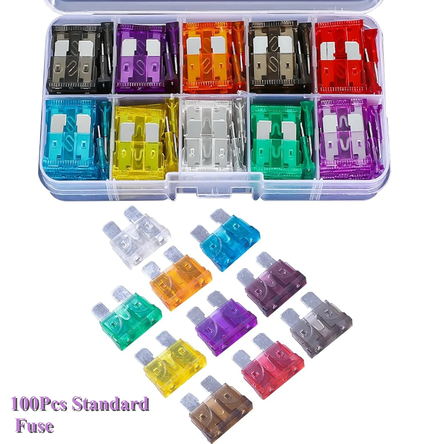 100 Pcs Car Fuses Small Mini Auto Blade Fuses 2A 3A 5A 7.5A 10A 15A 20A 25A 30A 35A AMP Assortment In Storage Box