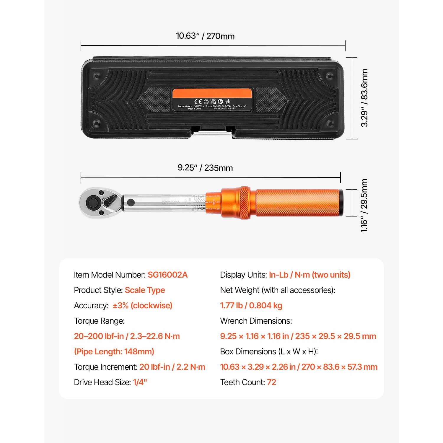 SucceBuy Momentsleutelset Drive Click Momentsleutel Dual-Direction Verstelbare Mechanische Dual Range Weegschalen Momentsleutelset