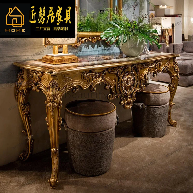 Palace French color shell entrance table villa luxury gold foil solid wood carving entrance table