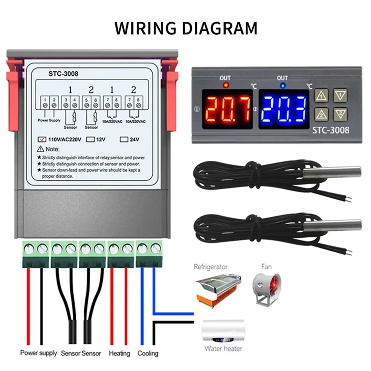 ABAN Dual Digital -3008 Temperature Controller Two Relay Output Thermostat Heater with Probe Temperature Controller,B