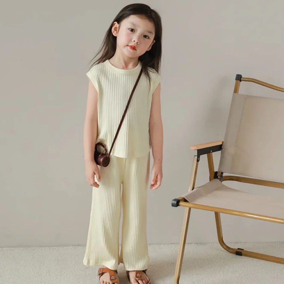 Adorable Summertime Fun Little Fashionistas Cute Children Girls Charming Loose Comfortable Fit Sleeveless Top and Long Pants Set