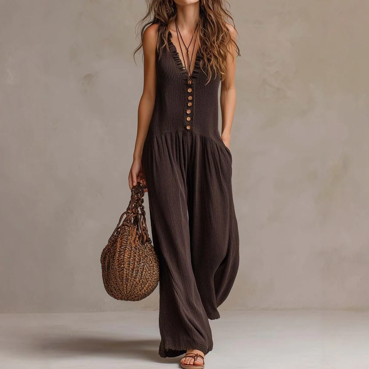

Summer Women's Clothing V Neck Sleeveless Wide Leg Jumpsuit For Woman Boho High Waist Knit Long Pants Polyester Loose Fit