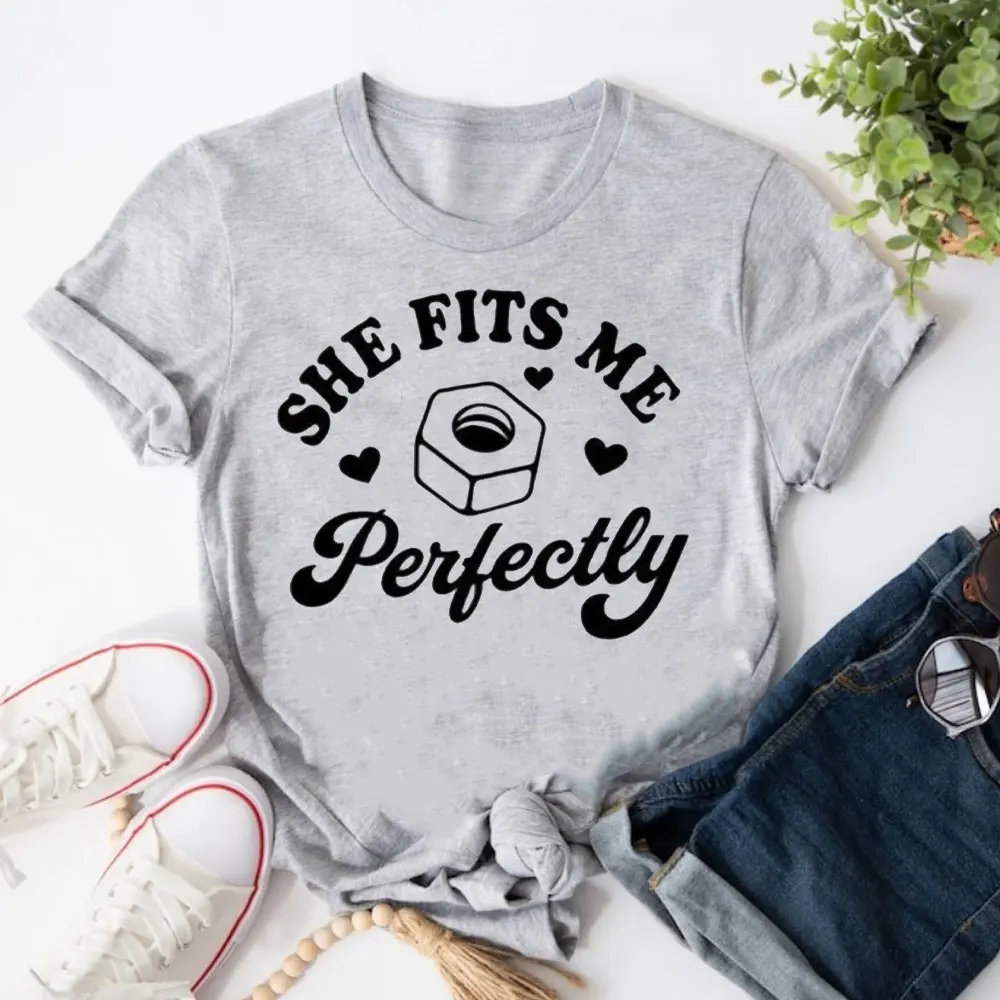 She He Fits Me Perfectly Funny Matching Couples Unisex Shirts Funny Couple Valentine's Day Tops Funny Matching Anniversary Tees