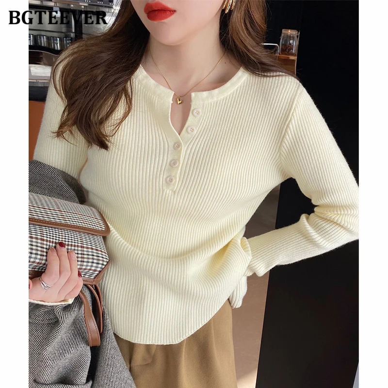 

BGTEEVER Casual Long Sleeve Stretched Pullovers Sweaters Women Autumn Winter O-neck Buttons Women Knitted Jumpers