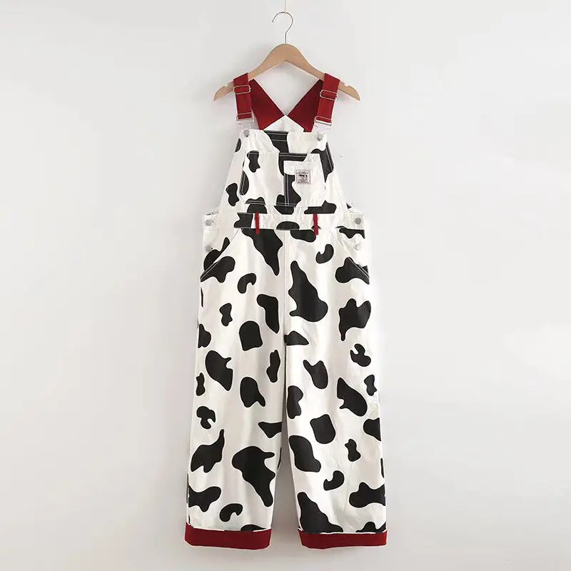 

2024 Vintage Kawaii Cow Printed Jumpsuit Overalls College Style Girls Loose Casual High Waist Straight Romper Jumpsuit for Women