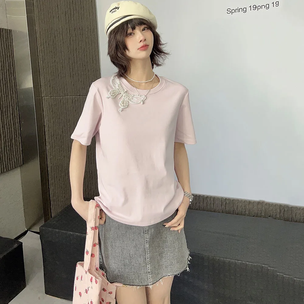 

Летние женские футболки, Милая футболка с украшением бабочки из жемчуга, Женские повседневные топы, Женская свободная универсальная белая футболка с коротким рукавом