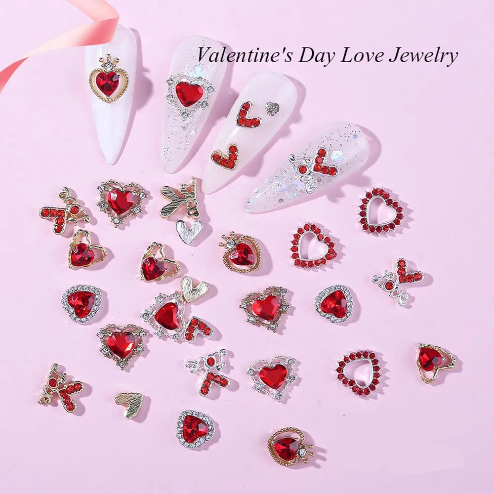 10pcs Valentines Day Design Nail Art Charm 3D Red Heart Gem with Crystal Diamond Nail Decoration DIY Shiny Gem Nail Accessories