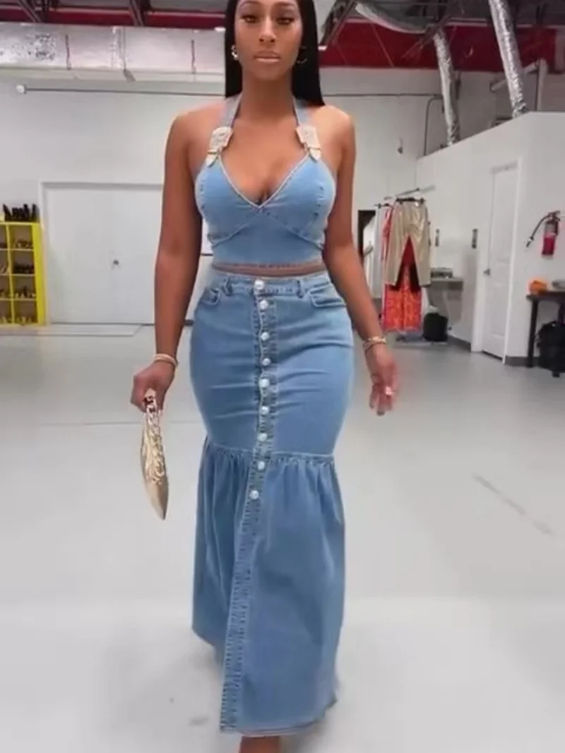 

Streetwear Denim 2 Piece Sets Women Outfit Summer Clothes Women Strap V-Neck Vest Top Long Skirt Sets Jean Two Pieces Dress Sets