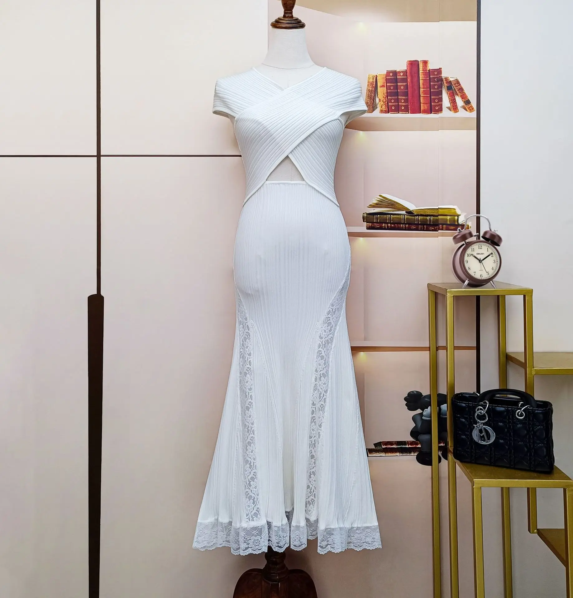 Moda verão rendas retalhos vestidos de tricô para mulheres blusas longas elegante recorte cruz sexy vestido de festa de baile feminino robe