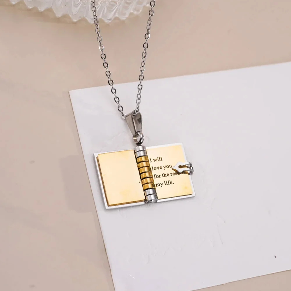 Atoztide-女性のための小さな本のロケットネックレス、パーソナライズされたメッセージ、ステンレス鋼のジュエリー、ペンダントチェーン、誕生日プレゼント