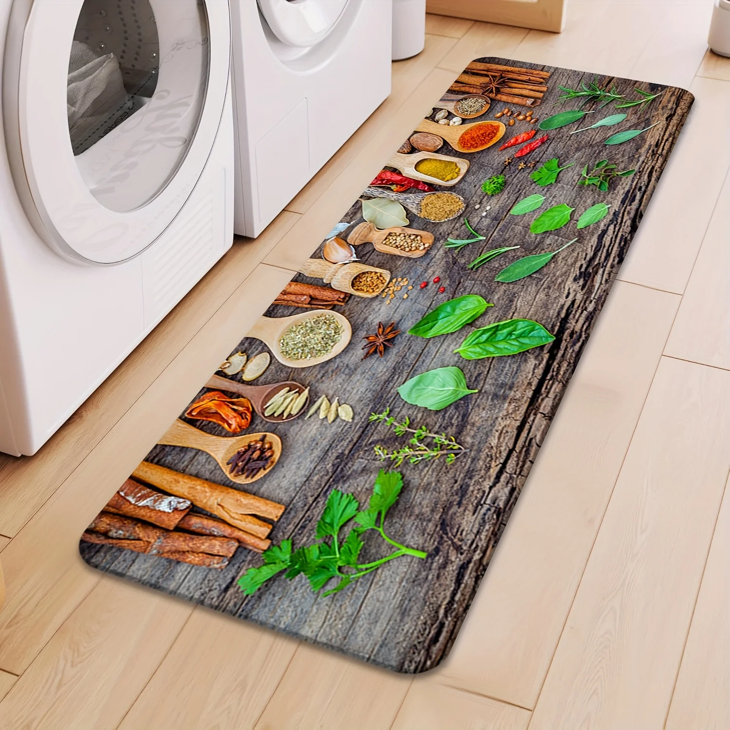 Culinary Spices & Herbs Themed Kitchen Long Mat, Non-Slip Washable Durable Runner Rug for Bathroom, Kitchen, Bedroom Home Decor