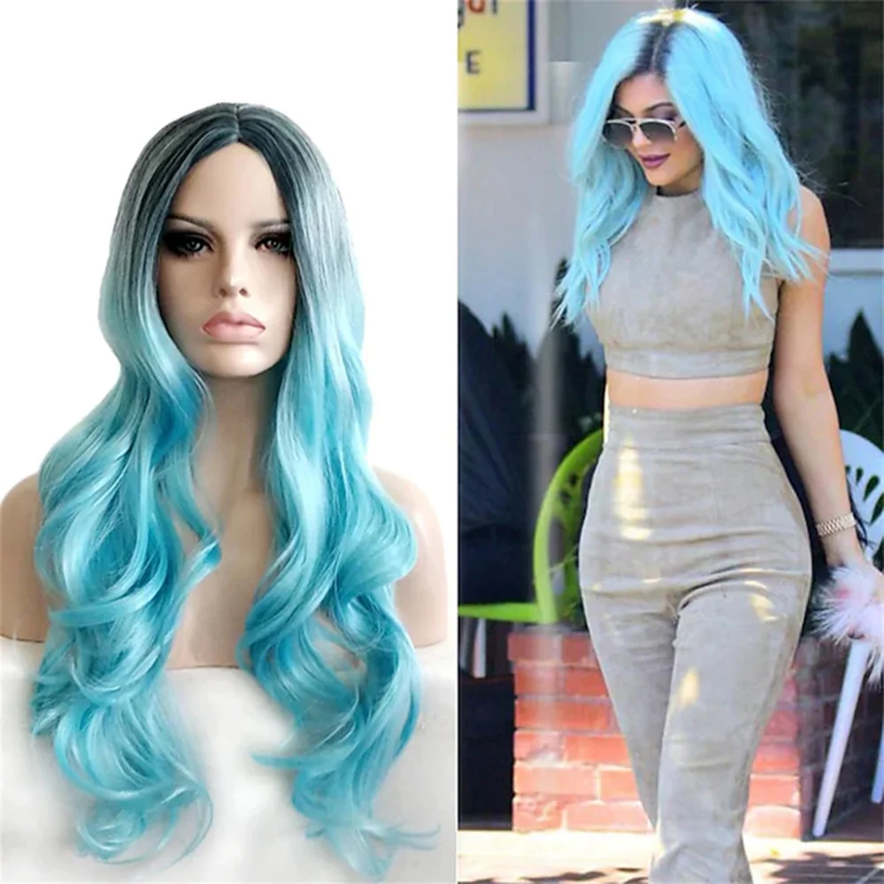 Black Blue Mixed Color Synthetic Wig Wavy Middle Part Machine Made Wig Long Synthetic Hair Women's Soft Wig for Womens