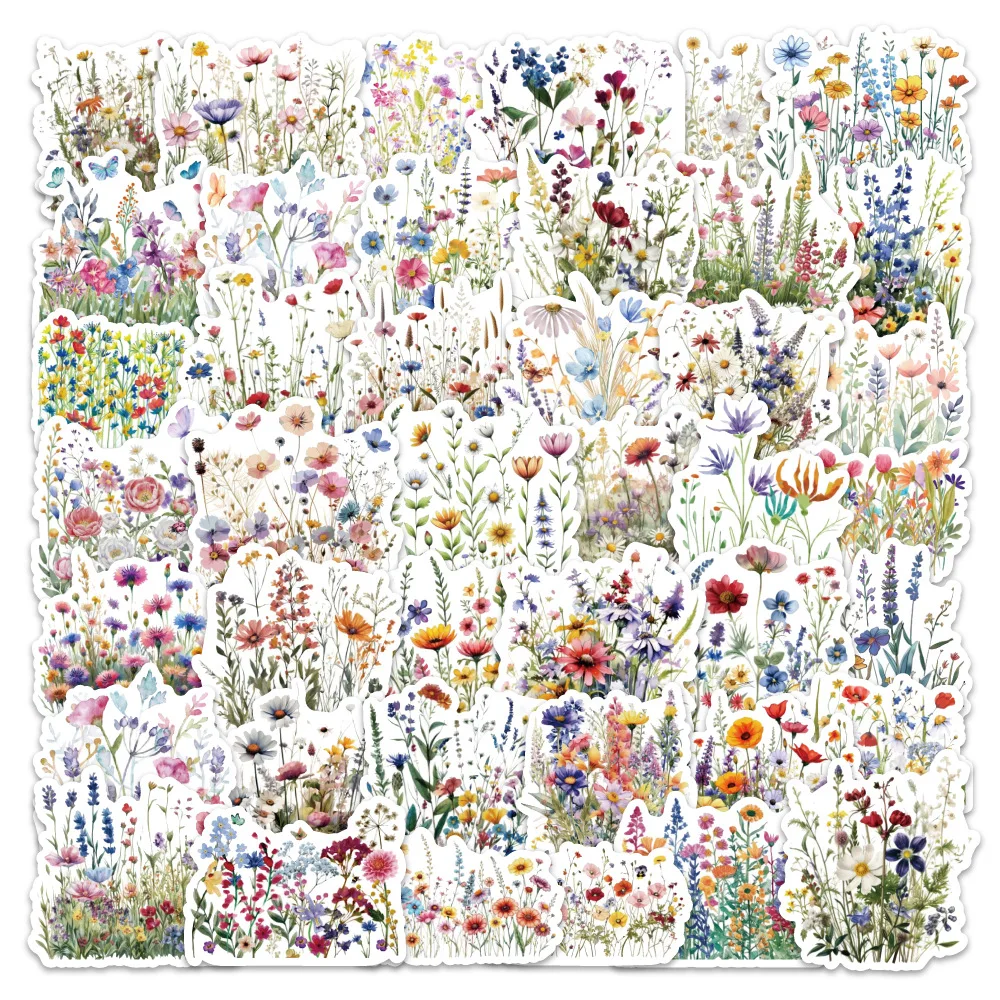 

54PCS Hand-painted Colorful Wild Flowers Flowers Cartoon Graffiti Decorative Mobile Case iPad Waterproof Stickers Kids Toy
