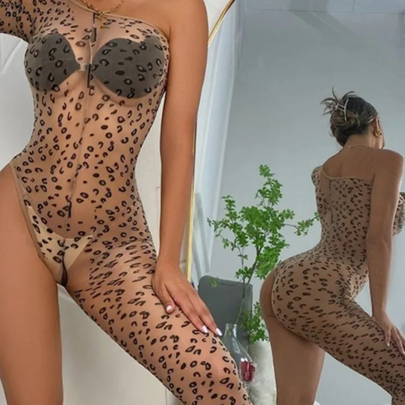 Macacão com estampa de leopardo feminino, lingerie sexy, perspectiva, macacão aberto, encaixe apertado e seios