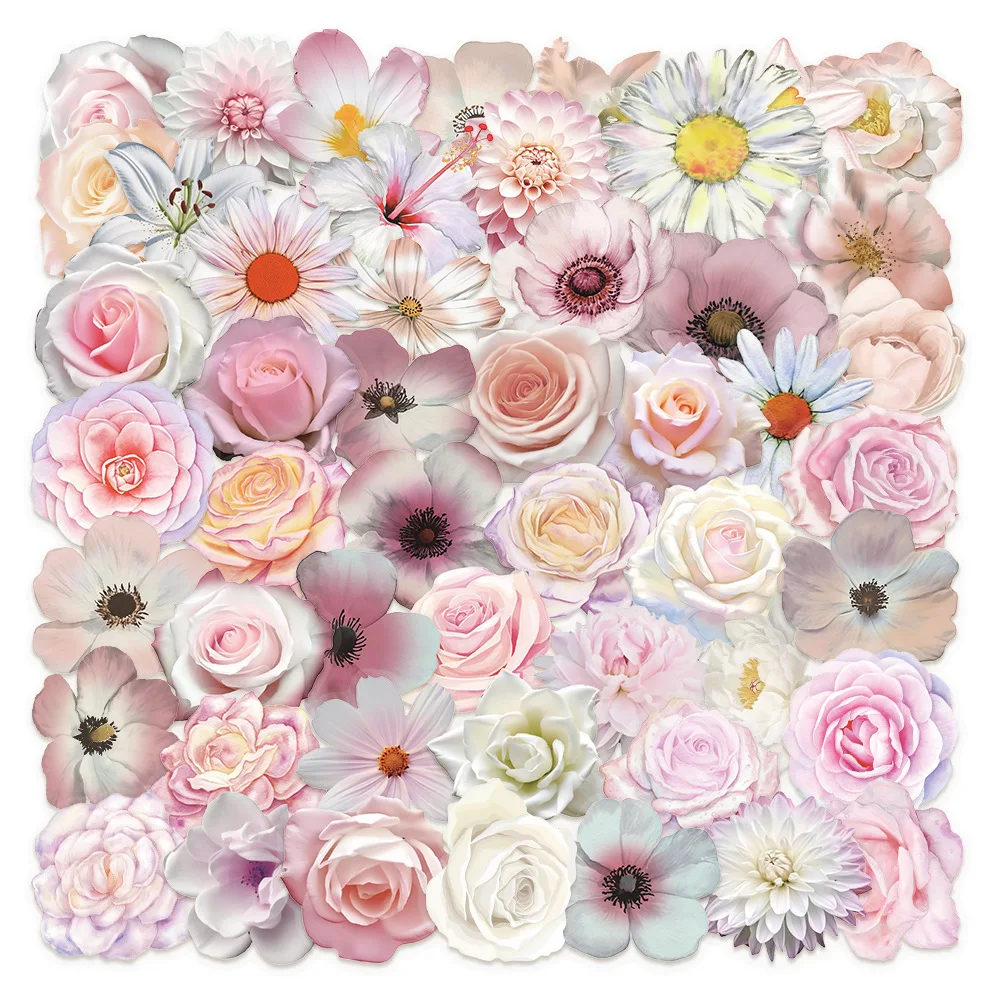 

50PCS Pink Flower Series Sticker Book Material Retro Flower Plant Decorative Mobile Phone Case Waterproof Sticker Kids Toy