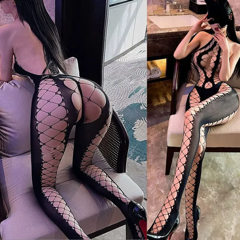 Intimo da donna Bodystocking sexy Body taglie forti Lingerie sensuale a rete Calze erotiche senza cavallo leopardate