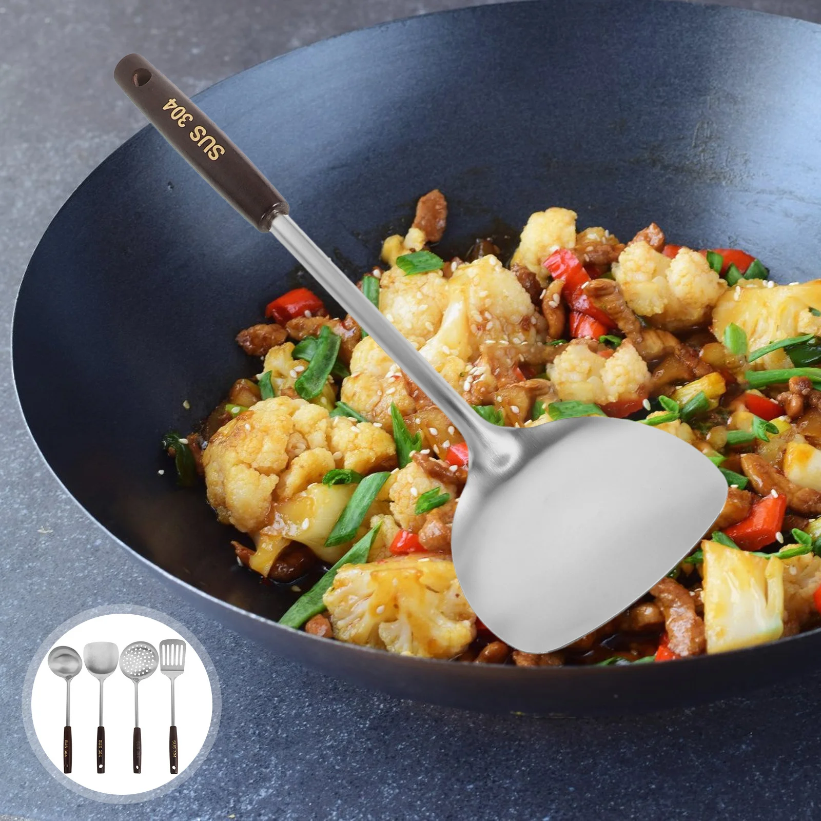 

4Pcs Kitchen Long Handle Stainless Steel Cooking Utensils Set Wooden Handle Spatula Ladle Skimmer Turner for Wok Stir Fry Soup