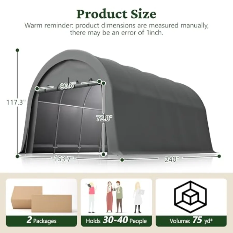 Heavy Duty 12x20 Feet Metal Carport Canopy with 2 Roll up Zipper Doors, Round Style Outdoor Garage Storage Shed for Car, Truck,