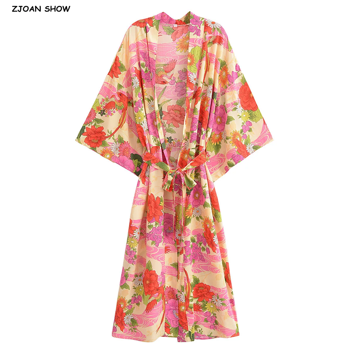 2024 BOHO Orange Flower Bird Print Long Kimono Shirt Ethnic Lacing up Sashes Midi Long Holiday Cardigan Robe Loose Blouse Tops