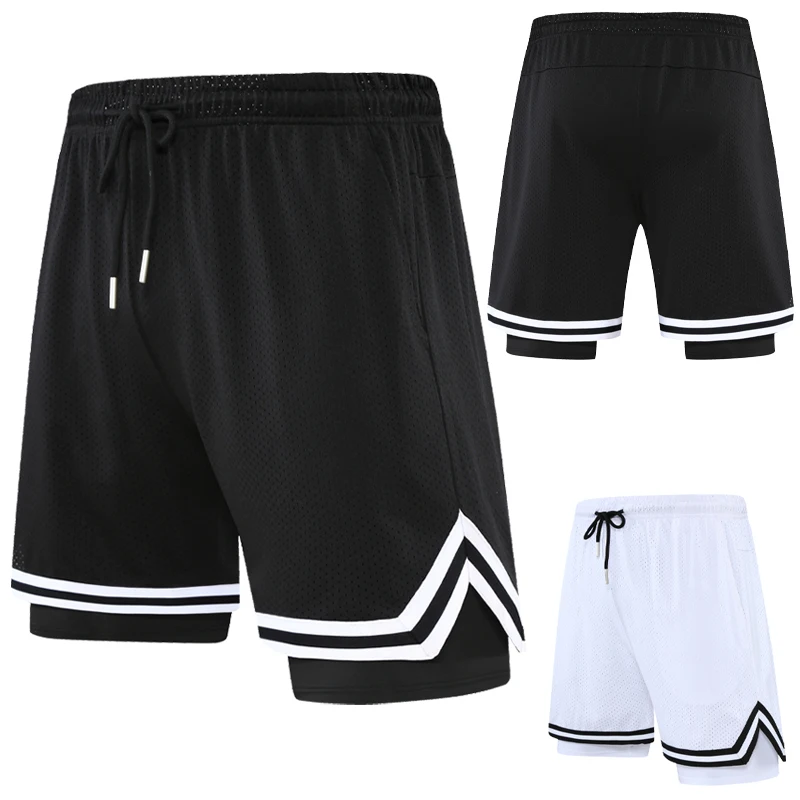 Men Double Deck Shorts Sport Mesh Breathable Basketball Fitness Gym Shorts 2 In 1 Summer Training Quick Dry Running Short