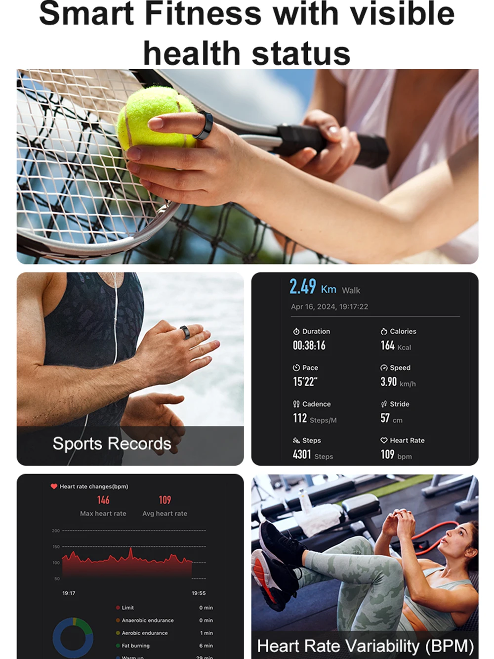 Anel inteligente de fitness com estojo de carregamento, anéis de saúde para monitoramento de temperatura da pele e frequência cardíaca para homens e mulheres