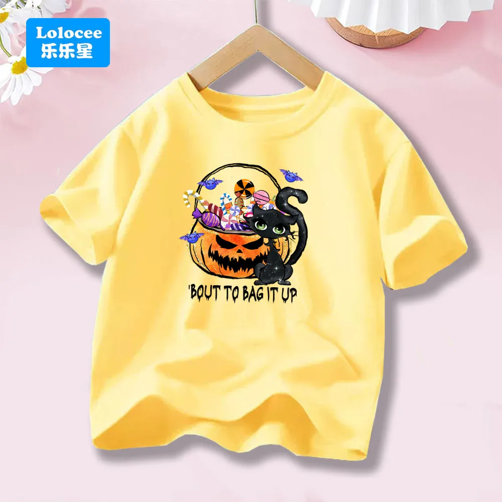 

Футболка с черным котом и тыквой на Хэллоуин, футболка для мальчиков и девочек, моторошный сезон, спортивная одежда с короткими рукавами, модные повседневные детские футболки WSJHL1