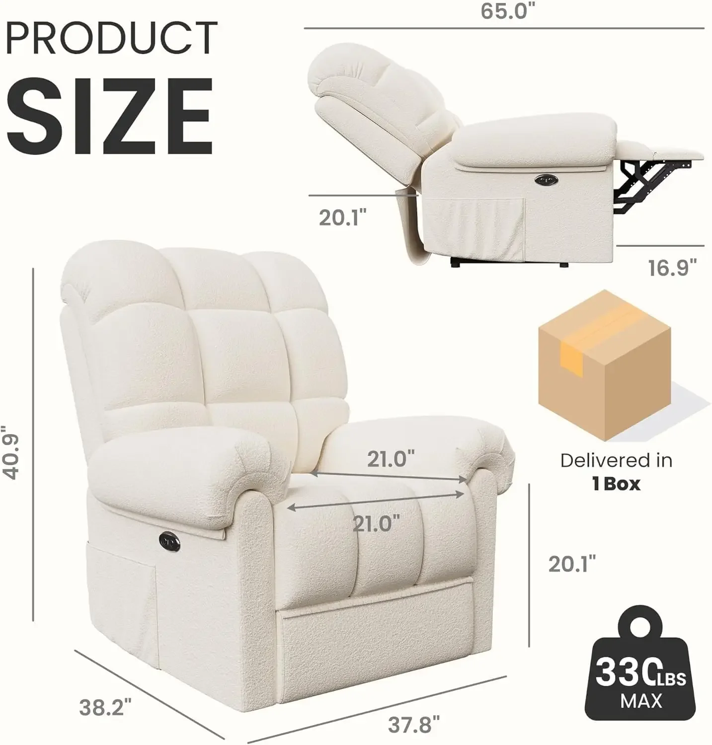 2024 New Power Recliner Chair for Adults, Adjustable Electric Recliner Power Recliner, USB Port, Ultra-Comfy Teddy Fleece Reclin