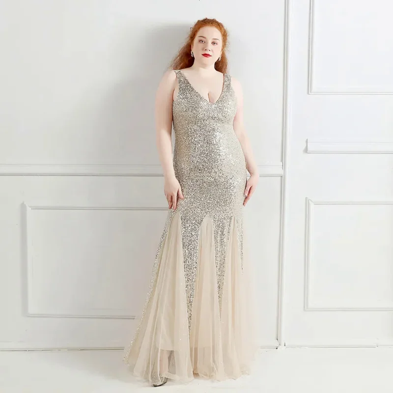 Sladuo-Robe longue en tulle à paillettes pour femme, tenue de soirée sexy, col en v, grande taille