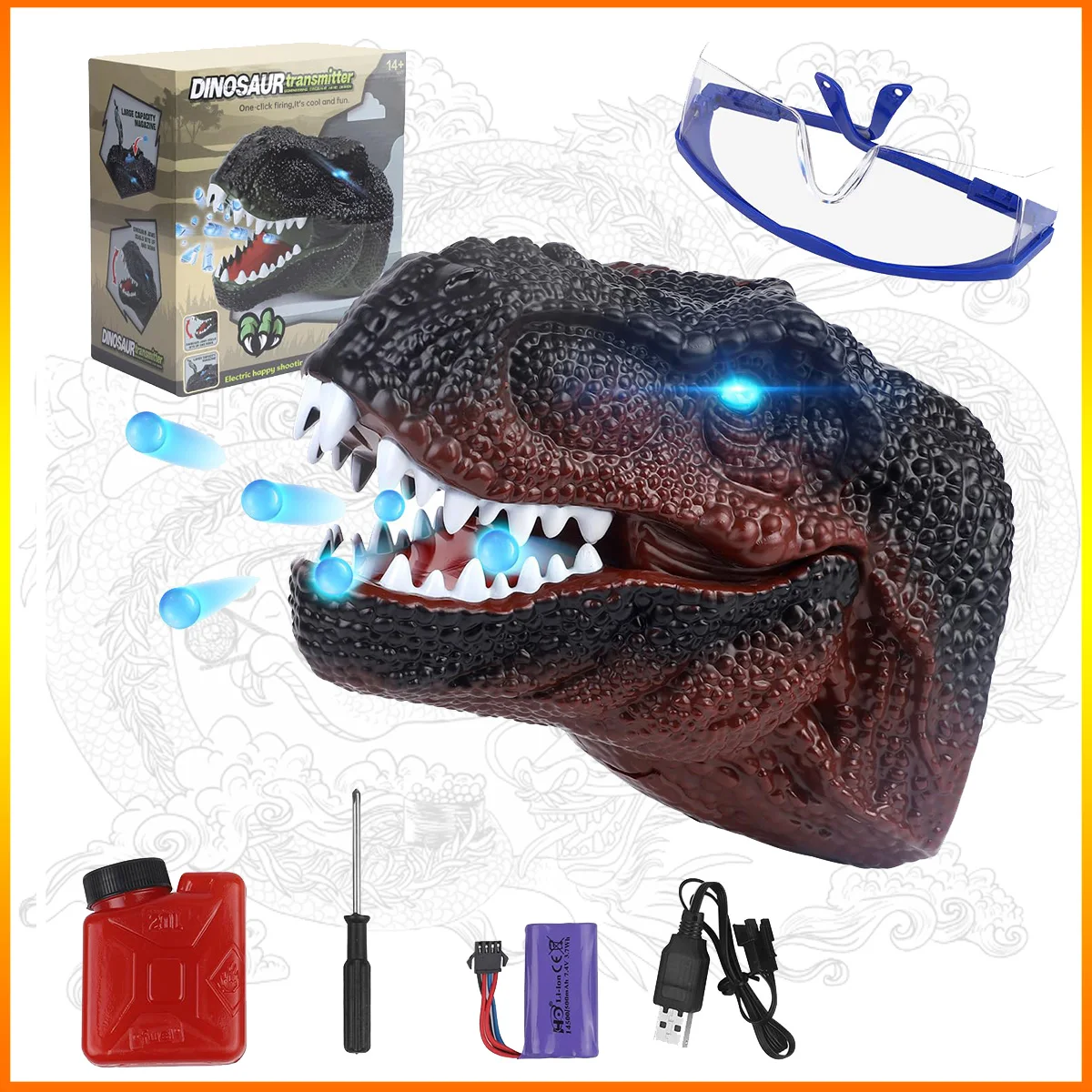 USB Rechargeable Dinosaur Gel Ball Blaster with Water Beads Goggles High Speed Automatic Splatter Blaster for Fun Prank boy Toys