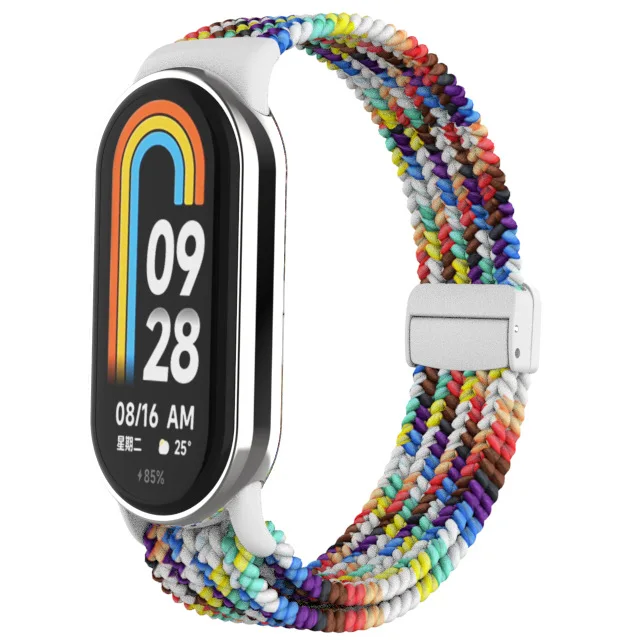 حزام مضفر من النايلون المغناطيسي مع إبزيم بلاستيكي مناسب لـ Xiaomi Miband 8/9/10 حزام نايلون مرن منسوج مغناطيسيًا