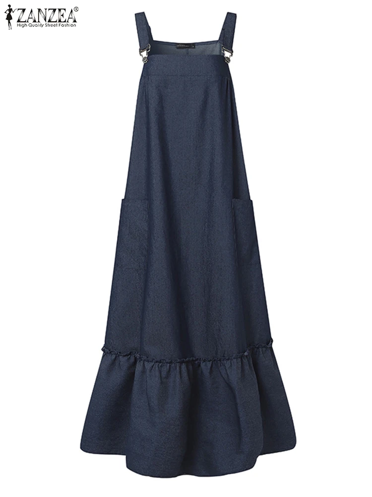 ZANZEA mujeres 2025 verano Abaya Denim azul dobladillo con volantes sin mangas suelto Casual vestido general musulmán islámico Vestidos con tirantes