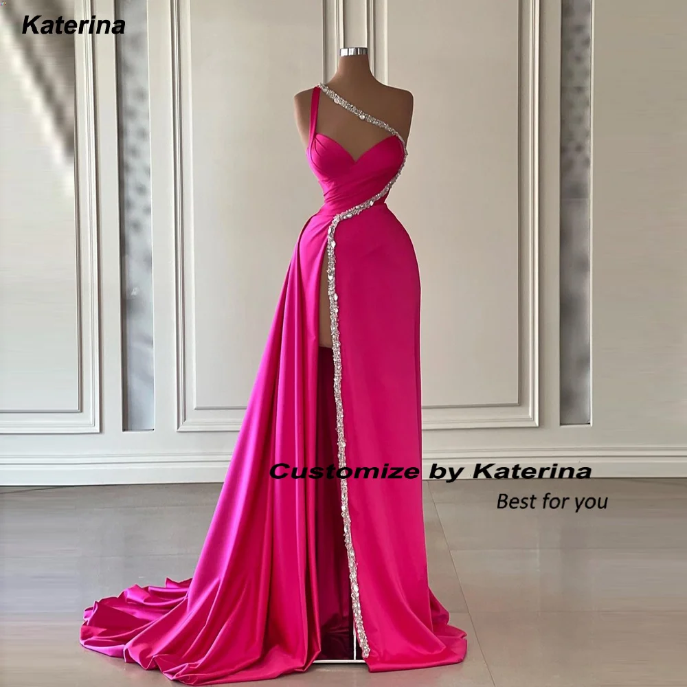 Katerina Vintage Hot Pink Prom Vestidos De Cetim Longo Vestidos De Noite Brilhante Beads Correias Dubai Arábia Saudita Mulheres Vestido De Festa Formal