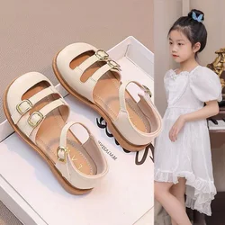 Sandalias suaves antideslizantes para niñas, zapatos de princesa de cuero con punta cerrada, a la moda, novedad de verano 2024