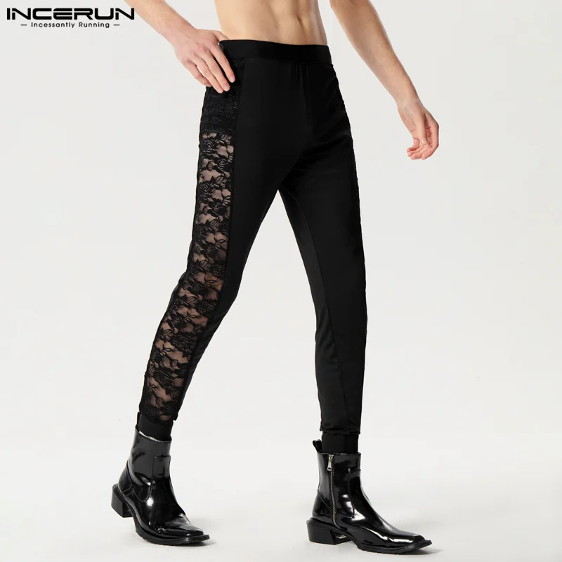 INCERUN 2024 Sexy Fashionable Men\'s Pantalons Lace Patchwork Tight Elastic Long Pants Casual Clubwear Male Bottom Trousers S-5XL