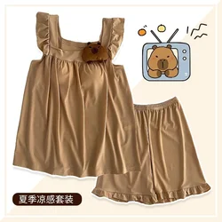 3D Picabara Brown Vest Pajama Set For Women Summer With Chest Mat Loose Top Set For Casual Solid Color Girls Shorts Pajama Set