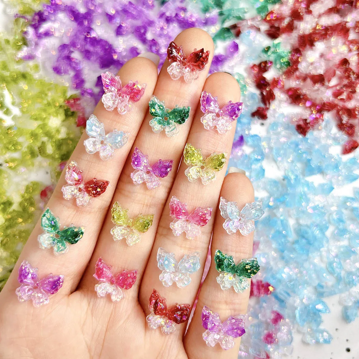 30PCS Transluzente Verträumte Harz Schmetterling Nagel Charms 3D Doppel-schicht Leuchtende Bunte Schmetterling Nail art Dekorationen DIY Nägel