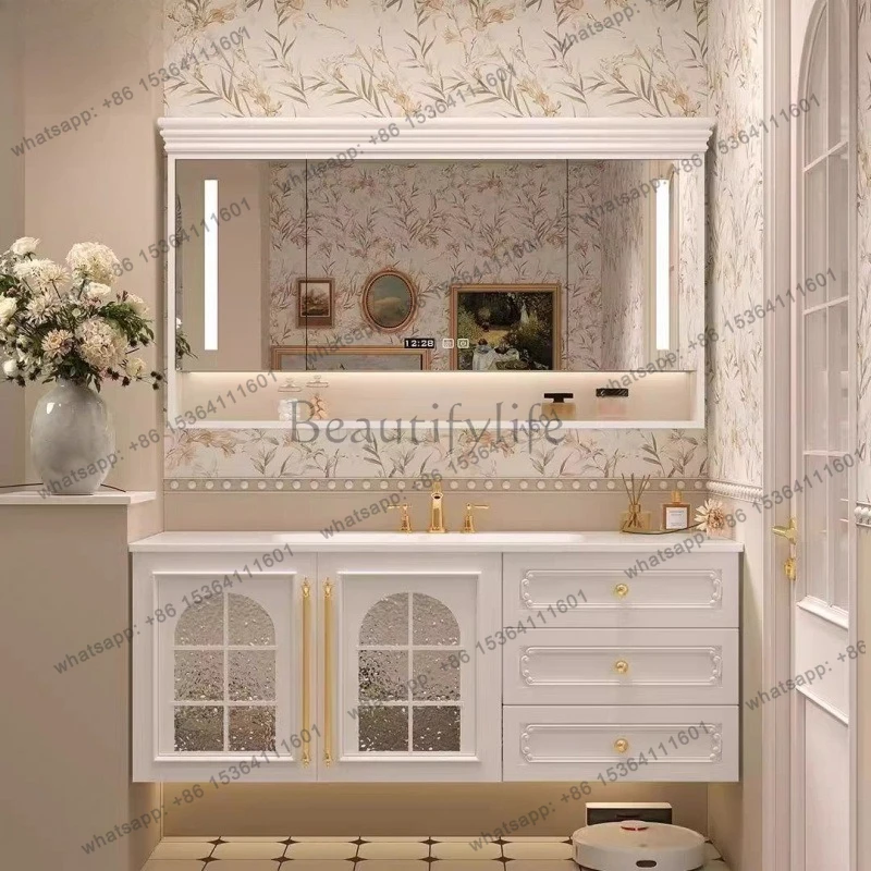 

Slate seamless bathroom cabinet French cream wind bathroom cabinet combination bathroom ceramic integrated basin oak washstand