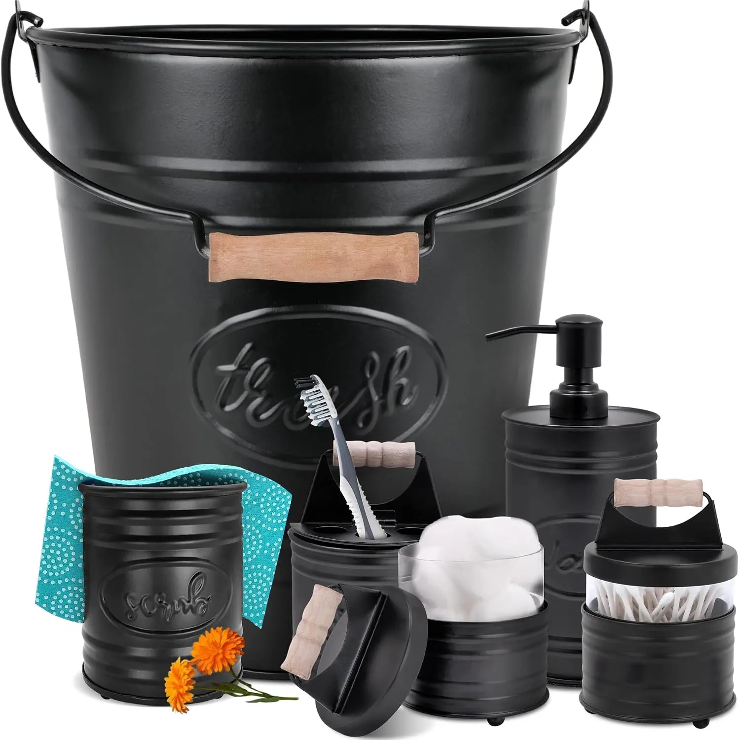 6-Piece Rustic Black Farmhouse Bathroom & Kitchen Accessories Set with Trash Can, Soap Dispenser, Toothbrush Holder, Sponge Holder & 2 Apothecary Jars