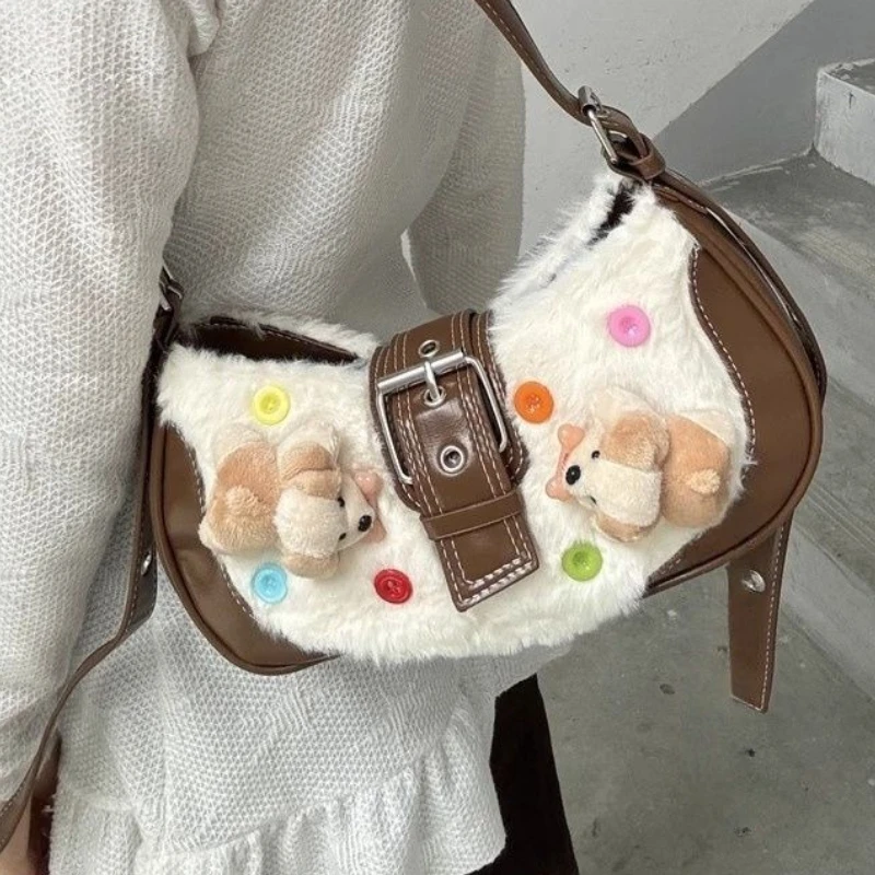 

Autumn Winter Plush Shoulder Bag PU Leather Cute Button Cartoon Puppy Underarm Bags Large Storage Bag Women's Bag
