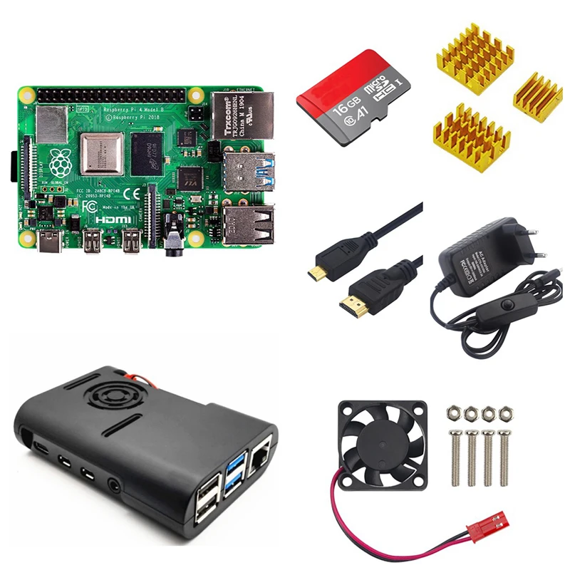 

Стартовый комплект Raspberry Pi 4 4 ГБ + корпус из АБС-пластика + вентилятор + радиатор + SD-карта 16 ГБ + кабель + адаптер питания 5 В 3 А