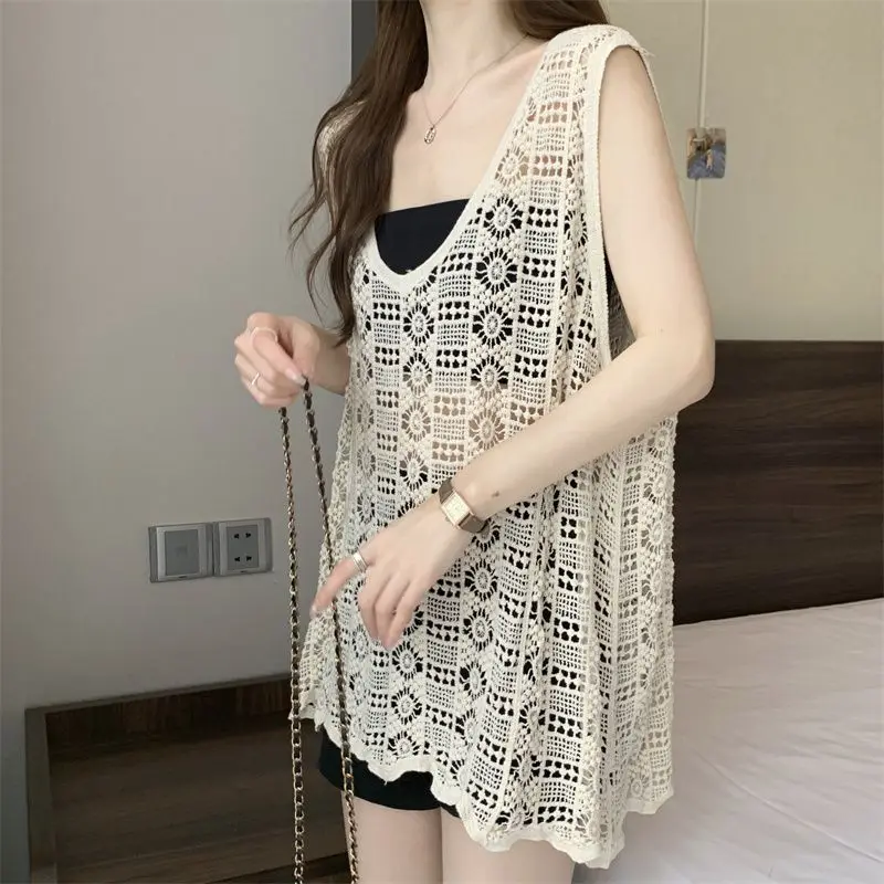 Summer Retro Hollowed Out Women\'s 2024 Patchwork Pullover V-neck Fashion Solid Color Loose Casual Sleeveless Knitted Vest Tops