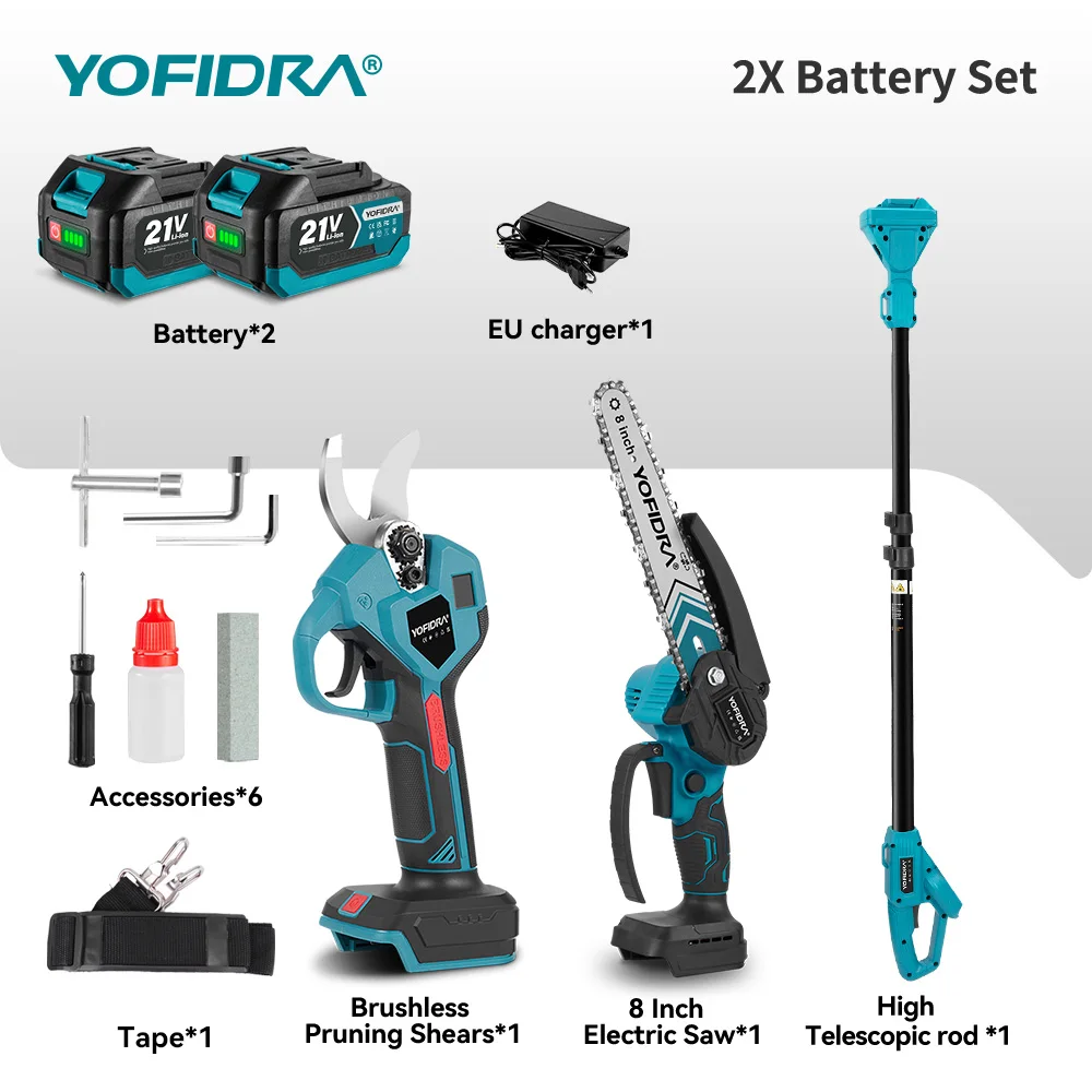 YOFIDRA 3IN1 Borstelloze Elektrische 8 Inch Kettingzaag + Schaar Telescopische Paal Hoge Tuin Snoeigereedschap Voor Makita 18V Batterij pin