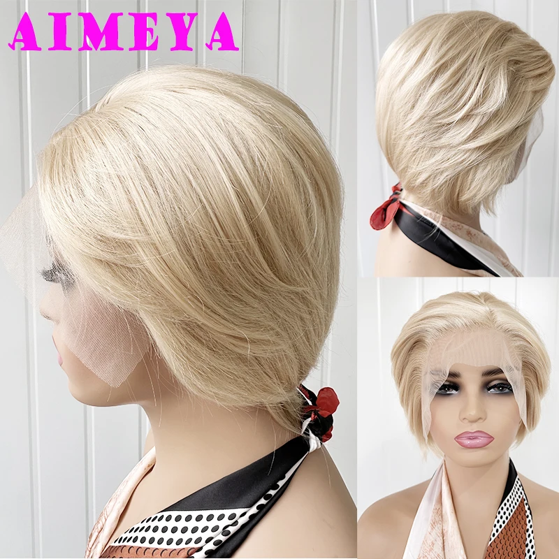 AIMEYA Blonde Short Wigs for Women Girls Natural Looking Pixie Cut Lace Front Wig Heat Resistant Synthetic Hair Wig Daily Use