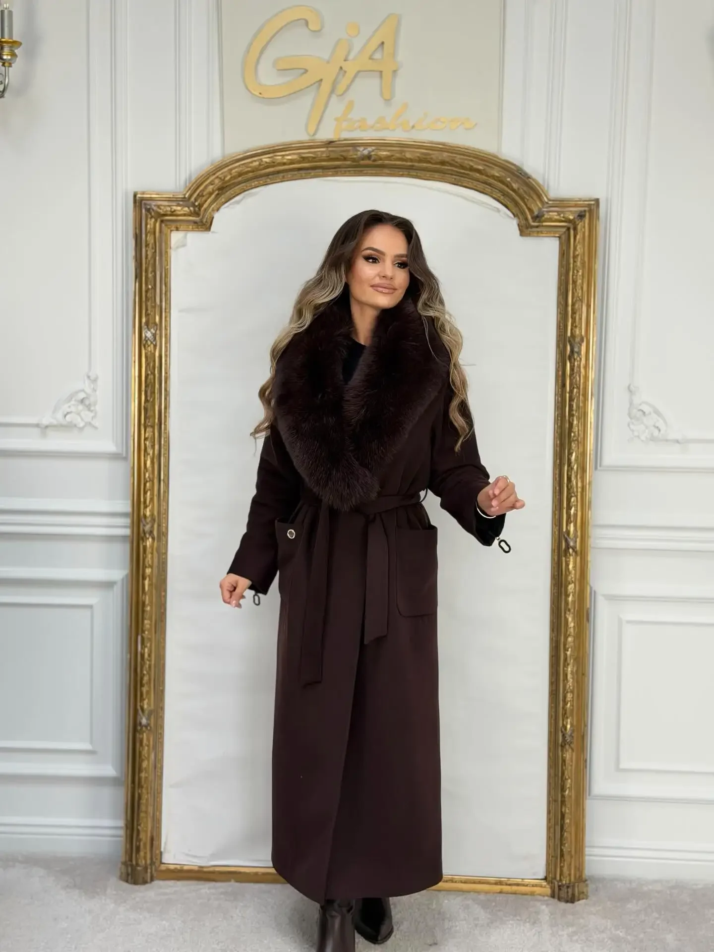 Chic Lace Up Fur Collar Patchwork Woolen Overcoat Women Solid V-neck Full Sleeve Loose Coats 2026 Lady High Street Warm Outwears