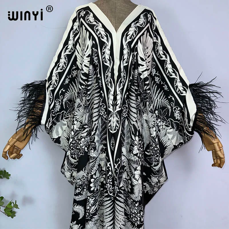 2023 WINYI beach Dresses For Women fashion print V-neck Kaftan Clothes Sexy Boho Feather Sleeve Robe Evening Long dress