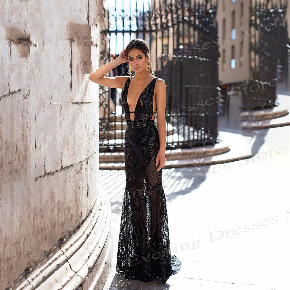 Sexy Modern Black Deep V Neck Mermaid Charming Evening Dresses Appliques Lace Sleeveless Backless Prom Gowns Vestidos De Fiesta