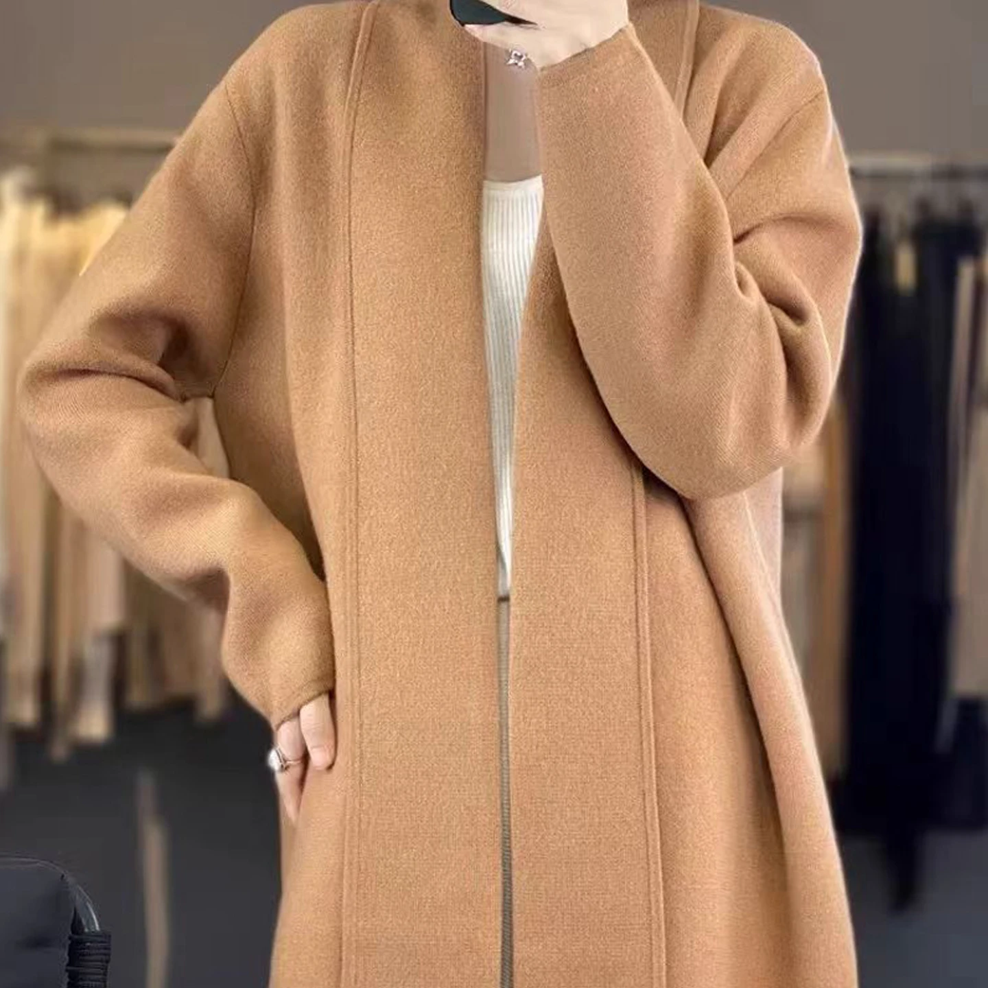 Women's medium to long wool cardigan knitted breathable sweater jacket 100% wool knitted open front long jacket coat